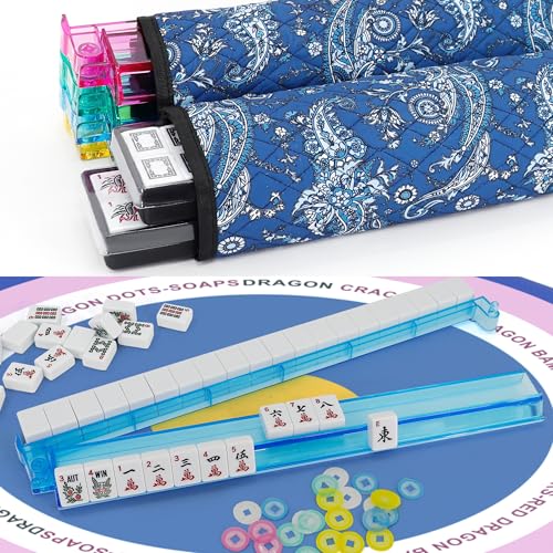 Jolitac American Mahjong Game Set, 166 Premium White Tiles, 4 All-in-One Color Rack/Pushers, Complete Mahjong Tiles Set with Blue Carrying Bag (Ma Jong, Mah-Jongg, Majiang)