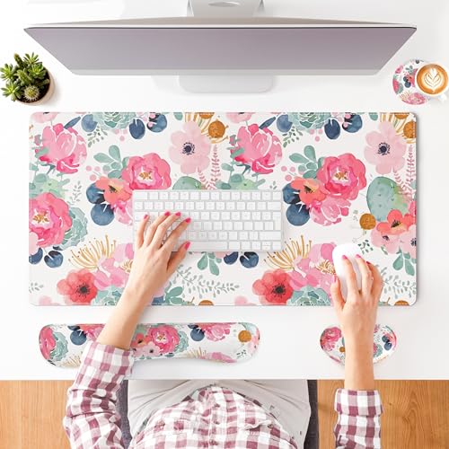 QIYI PU Leather Desk Mat Set, 4-in-1 Ergonomic Wrist Rest, Pink Flowers | Waterproof Large Mouse Pad 31.5×15.7 + Keyboard Wrist Rest + Mouse Wrist Support+Coaster, Non-Slip Office Gaming Accessories - color: Watercolor Pink Flowers