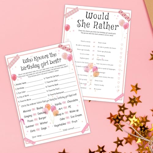 ALodr 20 Pcs Who Knows the Birthday Girl Best, Would She Rather Games for Girl Birthday Party, Funny Birthday Party Games, Double Sided, 5x7 Inches - color: Balloon, size: 2 in 1 (Set 1)