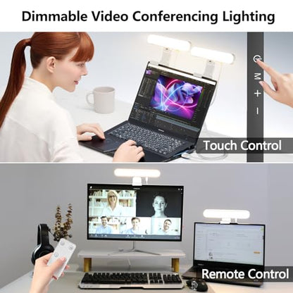 Dual-lamp Video Conference Lighting, LED Streaming Light with Remote and Touch Control, Zoom Lighting for Computer,Webcam Laptop Monitor Ring Light for Video Calls/Zoom Meetings (White) - color: White