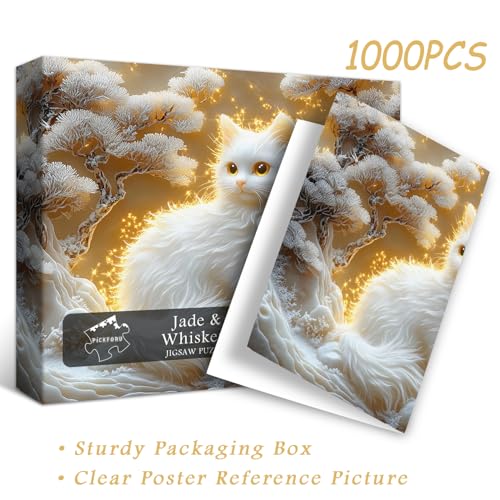PICKFORU Cat 1000 Piece Puzzle for Adults, Jade Carving Cute Kitten Jigsaw Puzzles, Unique Art Animal as Wall Decor - style: Jade & Whiskers