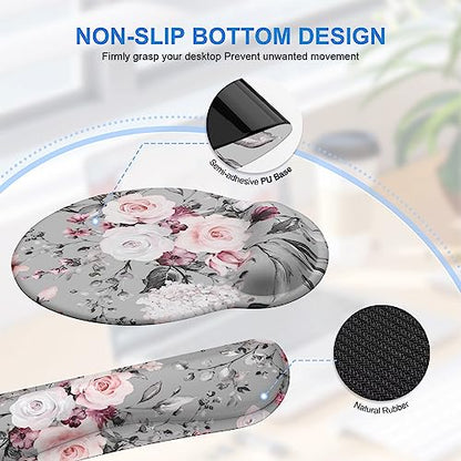 iCasso Large Mouse Pad Wrist Support Set, 4in1 XXL Big Mousepad + Keyboard Wrist Rest + Mouse Wrist Rest + Coaster Set with Ergonomic Design Gaming Mat for Home Office Table Computer - Pink Floral - color: Tea Rose