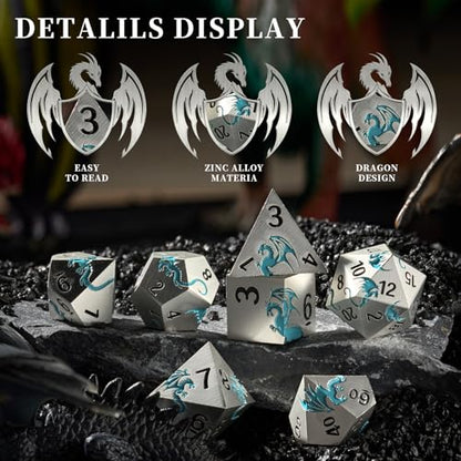 Matte Silver Blue Dragon Metal Dice Set,7 PCS Heavy Zinc Alloy DND Dice with Magnetic Gift Box for Dungeons & Dragons Tabletop Games (Matte Silver Blue Dragon) - color: Matte Silver Blue02