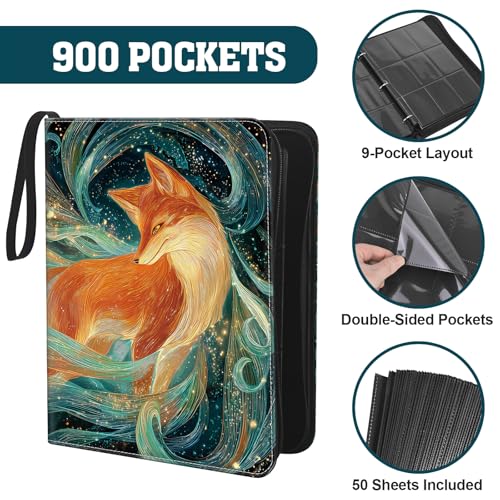 Trading Card Binder 9 Pocket, 900-Pocket Zippered 3-Ring Card Binder with 50 Double-Sided Pages, Fits 2.5" x 3.5" Cards, Acid-Free PVC-Free, Water-Resistant PU Cover, Wrist Strap, Fox Design - color: Teal Swirl Fox