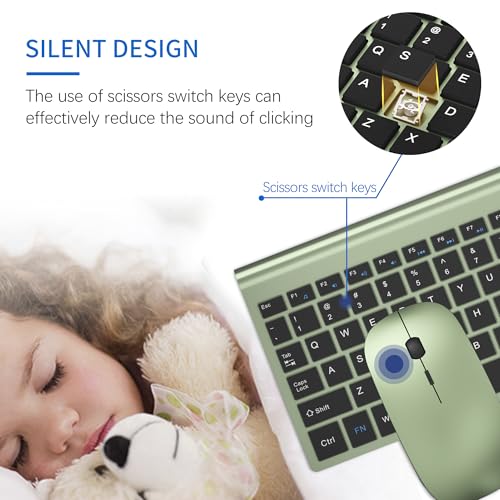 Wireless Keyboard and Mouse Ultra Slim Combo, TopMate 2.4G Silent Compact USB 2400DPI Mouse and Scissor Switch Keyboard Set with Cover, Batteries Included, for PC/Laptop/Windows/Mac - Green Black - color: Green Black