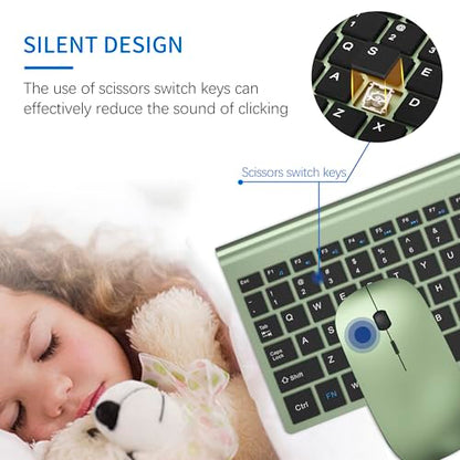 Wireless Keyboard and Mouse Ultra Slim Combo, TopMate 2.4G Silent Compact USB 2400DPI Mouse and Scissor Switch Keyboard Set with Cover, Batteries Included, for PC/Laptop/Windows/Mac - Green Black - color: Green Black