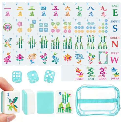 162 American Mahjong Tile Set, 1.2” Mini Travel Size Light-Green Engraved Melamine Mahjong Tiles with 1 PVC Storage Bag & 3 Dice for Adults, Family Game Night, Mahjong Gifts - color: Light-green