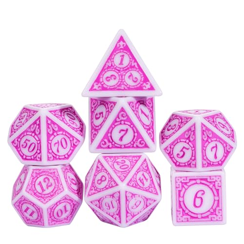7PCs DND Dice Set, Unique Window Lattice Pattern D&D Dice Set with Leather Die Bag, Polyhedral Die for RPG Table Games (Pink/White) - color: Pink With White Edge