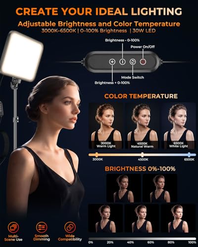Torjim 12 Inch Video Light Kit for Creators, 30W High Brightness Studio Lights with Tripod Stand & Phone Holder, 3000-6500K Adjustable Photography Lighting for Clearer YouTube Streaming Home Studio - size: 12 inch