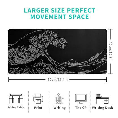 Japanese Sea Wave Large Mouse Pad Abstract Black Mouse Pad 31.5x11.8 Inch Black Kanagawa Texture Non-Slip Rubber Base Large Ocean Mousepad Stitched Edge Keyboard Mouse Mat Desk Pad for Office and Home - color: Japanese Sea Wave1