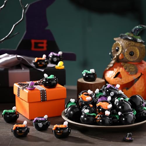 50 Pcs Halloween Mini Resin Figures Bulk Resin Witch Cauldron Figures | Tiny Figurines for Gift Bags, 3 Styles Skull Pumpkin Ghost, Hide Game Decor, Halloween Party Fillers - style: Witch Cauldron