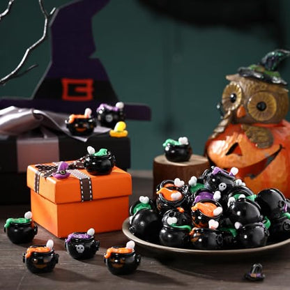 50 Pcs Halloween Mini Resin Figures Bulk Resin Witch Cauldron Figures | Tiny Figurines for Gift Bags, 3 Styles Skull Pumpkin Ghost, Hide Game Decor, Halloween Party Fillers - style: Witch Cauldron