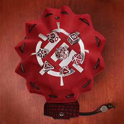 ENHANCE DND Metal Dice Set - 7pc Polyhedral Dice with 2-in-1 Vegan Leather Bag and Tray, Solid Metal Set for Dungeons and Dragons, Pathfinder, More RPGs (Collector's Edition Red) - color: Dragon Red