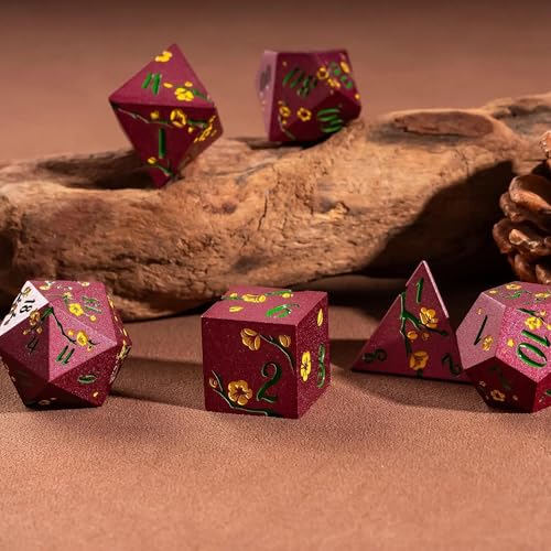 UDIXI Red Metal Dice Set D&D, 7PCS Flower Solid Metal DND Dice Set for RPG | Yellow Flower, Metal Case Packaging, Heavy Metal Dice, D&D Gift, for Dungeons and Dragons Role Playing Games Tabletop Games - color: Flower/Redgreen