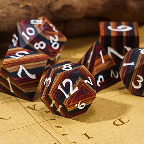 Wooden DND Dice Set Wood Polyhedral Dice Set D&D for Tabletop Games | Iron Box, DM Gift, for Dungeons and Dragons Role Playing Games - color: Yellow Striped