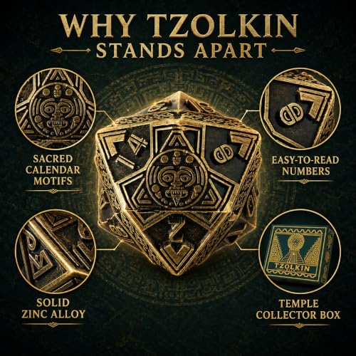 Tzolkin Metal DND Dice Set, 7-Piece Polyhedral Dice | Solid zinc alloy dice with heavy feel, Mayan Aztec calendar details, readable numbers, and temple collector box for RPG play - color: Ancient Bronze