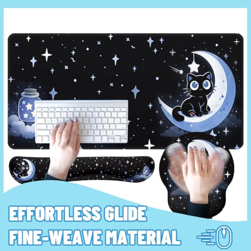 Moon Cat Desk Mat Set Starry Night Large Mouse Pad with Wrist Rest 4in1 Desk Mat for Desktop Ergonomic Computer Desk Arm Wrist Anti-Slip Computer Ergonomic Mouse Pad Home Office Gaming - color: Moon Cat
