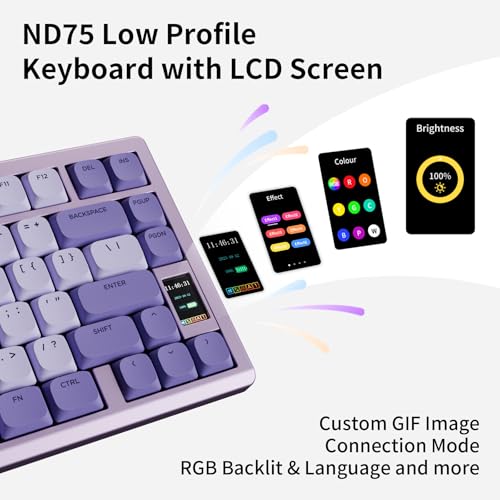 OOCTPK Mechanical Keyboard, Chilkey ND75 LP Wireless Gaming Keyboard with LCD Screen, Bluetooth 5.3/2.4G/USB-C, Hot Swappable Per-Key RGB Custom, Thin Front, Wrist Rest, Full-Aluminum, PC/Mac Support - color: Purple