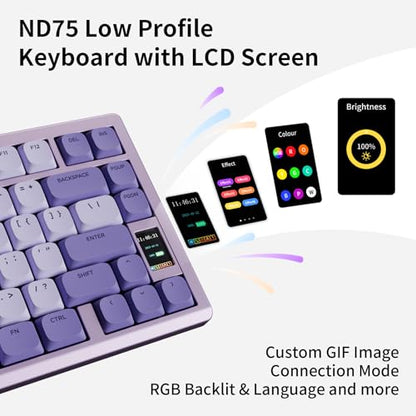 OOCTPK Mechanical Keyboard, Chilkey ND75 LP Wireless Gaming Keyboard with LCD Screen, Bluetooth 5.3/2.4G/USB-C, Hot Swappable Per-Key RGB Custom, Thin Front, Wrist Rest, Full-Aluminum, PC/Mac Support - color: Purple