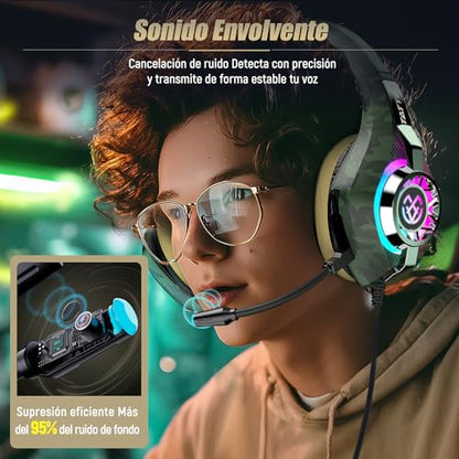 Tatybo Gaming Headset for PS5 PC, Noise Canceling Mic, RGB, Camo | Over Ear, Deep Bass Stereo Sound for FPS, Battle Royale, Lightweight for Xbox, PS4, Mobile, Nintendo, 3.5mm Devices - color: Camo