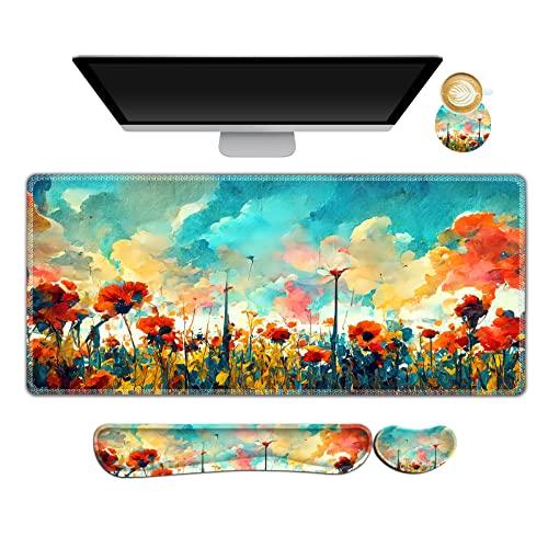 ARTSO Gaming Mouse Pad Wrist Support Set, XXL Large Desk Mat Mousepad + Keyboard Wrist Support+ Mouse Wrist Rest+Coaster 4in1 Ergonomic, Stitched Edge for Home Office -Oil Painting Flowers Plants - color: Oil Painting Flowers Plants