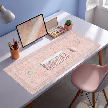 Baziabbo Pink Floral Desk Mat,XXL Extended Big Mouse Pad,Gaming Mousepad with Stitched Edge,Non-Slip Rubber Base Keyboard Desk Pad for Home Office Study Game - color: A-Pink Floral
