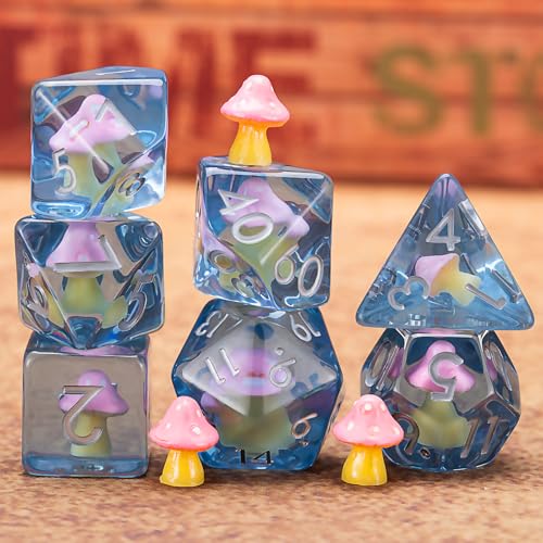 Mushrooms DND Dice Set, Resin Animal Polyhedral Dice for Dungeons and Dragons, RPG, MTG D&D 7-DIE (D4, D6, D8, D10, D12, D20, D%) - color: Pink Mushrooms