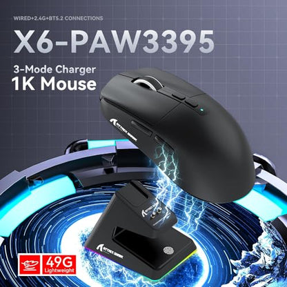ATTACK SHARK X6 Lightweight Wireless Gaming Mouse with RGB Backlight Charging Base,Tri-Mode Wired/2.4GHz/BT5.2,26K DPI, PAW3395 Optical Sensor,HUANO Switch,5programmable Buttons,PC/Mac(Black) - color: Black, size: Mouse without Anti-slip sticker