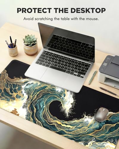Mouse Pad, Desk Mat, 31.5x11.8in Large Mousepad, Blue Gold Waves | Desk Pad with Stitched Edge & Rubber Non-Slip Bottom, Gaming Mouse Pad, Extended Mousepad for Home, Office - color: Blue Gold Waves