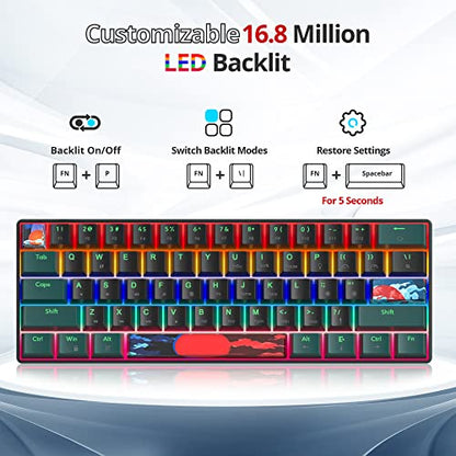60 Percent Gaming Keyboard Mechanical with Linear Red Switch, 60% Wired Ultra-Compact Mini Keyboard Rainbow with PBT Keycaps for Ps4/Ps5/Xbox(61 Green) - color: 61 Green/red swicth