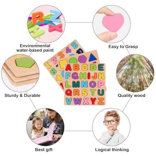Attmu Wooden Puzzles for Toddlers, 3 Pcs Alphabet Puzzle ABC Shape Number Puzzle, Learning Toys for Kids, Preschool Educational Activities Toddler Gift Toys for Girls Boys Christmas Valentines Easter - size: 3 PCS