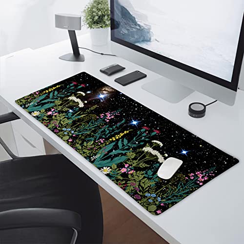 Black Aesthetic Wildflower Large Mouse Pad XXL Space Galaxy Weeds Herb Cute Floral Extended Large Desk Mat Big Desk Pad 90X40 CM Non-Slip Rubber Base Stitched Edge Long Mousepad,35.4 x 15.7 Inch - color: Blackherb, size: 35.4 x 15.7 inches