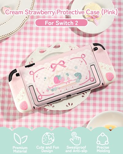 GeekShare Strawberries with Cream Case Compatible with Switch 2, Slim Separable Soft Silicone Protective Shell with 2 Thumb Grip Caps -- Pink - color: Pink Strawberries, size: For Switch 2
