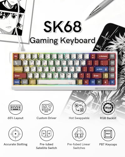 SK68 65% Gaming Keyboard, Wired Backlit Mini Keyboard w/100% Hot-Swap Socket 68 Keys Aluminum Gaming Wired Keyboard for PC Laptop Game - color: White