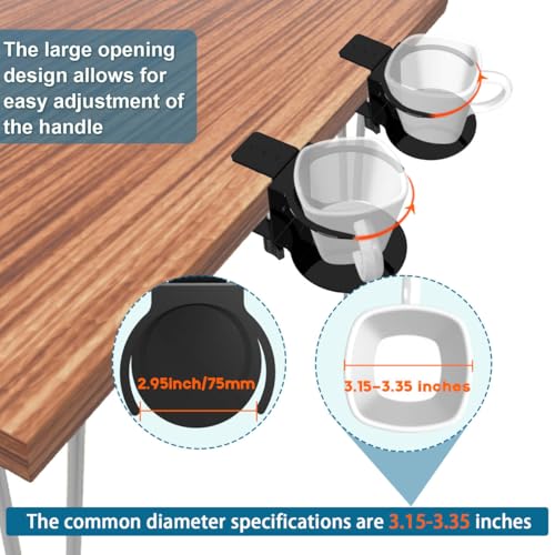 Metal Large Desk Cup Holder with 360° Rotating Headphone Hanger Under Desk, Anti-Spill Table Cup Holder Clamp for Coffee Mugs Bottles, Headset, Pencil Holder.