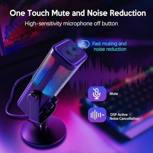 VCOM USB Microphone for PC, RGB Gaming Microphone with Mute Button, Gain Control, Monitoring Headphone 3.5mm Jack, PC Mic for Gaming, Streaming, Podcast, VoiceOver, Recording