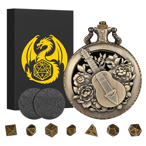 Mini DND Dice Set Steampunk Hollow Bard Pocket Watch Shell Case, 7pcs Tiny Polyhedral Metal D&D Dice Set, DND Gifts with Gift Box, Role Playing Board Games Accessories, Bronze - color: Bard