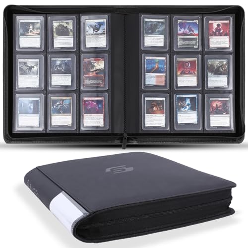 Snekdy Top loader Binder, 9 Pockets Top Loader，Holds 360 Top Loaders cards, Card binder with Sleeves for card in 3 x 4 inches color smooth Zipper PU Leather (Black) - color: Black