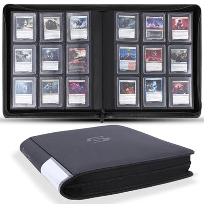 Snekdy Top loader Binder, 9 Pockets Top Loader，Holds 360 Top Loaders cards, Card binder with Sleeves for card in 3 x 4 inches color smooth Zipper PU Leather (Black) - color: Black