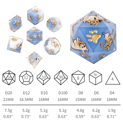 Poodle 7Pcs DND Dice Set,Sharp Edge Dog Resin Dice for RPG MTG | Polyhedral DND Dice,Smooth Polished Surface,Ideal Gift For Tabletop Role Playing Game Lovers Adults Women Men Teens - color: Blue and White, style: French Bulldog