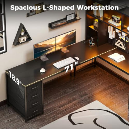 AODK 71" L Shaped Desk for Gaming and Working，Black | PC Desk with Hutch, Pegboard & Shelves, 4 Drawers, Integrated LED Light Strip & Power Outlets, Reversible - size: 71 Inch