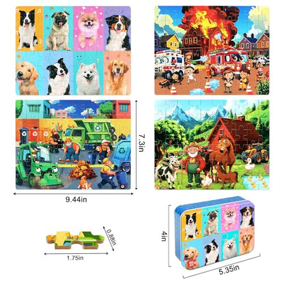 LELEMON Puzzles for Kids Ages 4-6,4-Pack Dogs Fire Fighting Garbage Truck Farm 60 Piece Puzzles for Kids Ages 4-8 in a Metal Box,Educational Jigsaw Puzzles Puzzle Games Puzzle Toys for Girls and Boys - color: Dogs Fire Fighting Garbage Truck Farm
