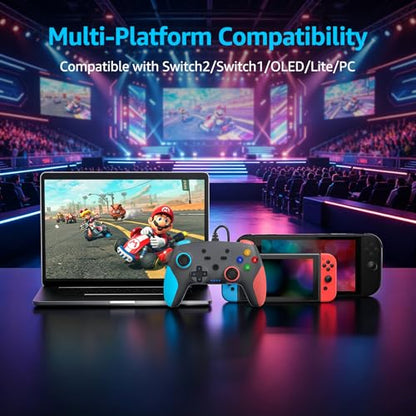 Akalyptra Wired Pro Controller for Switch 2/1/PC, Hall Effect Joysticks Gaming Controller with 2 Back Buttons Support Remap/Programmable, Motion Gyro Control, Cool RGB Light, 3.5mm Audio Jack, Dual Vibration(Black)