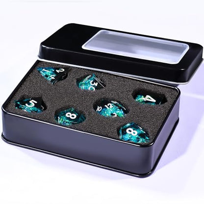 AUSTOR 7-Die DND Dice Set Handmade Sharp Edge Polyhedral Dice for Dungeons and Dragons D&D RPG MTG Table Games（Black&Blue,Silver） - color: Black&blue,silver