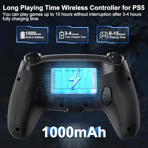 ADHJIE Compatible with PS5 Controller, RGB LED Wireless Controller for PS5 | PS5 Slim/PS5 Pro/PC with 3.5mm Audio Headset Jack,1000mAh Built-in Battery, Turbo, Dual Vibration, Black