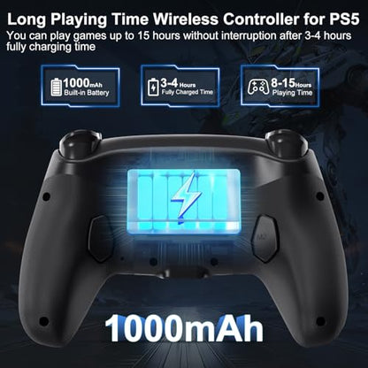 ADHJIE Compatible with PS5 Controller, RGB LED Wireless Controller for PS5 | PS5 Slim/PS5 Pro/PC with 3.5mm Audio Headset Jack,1000mAh Built-in Battery, Turbo, Dual Vibration, Black