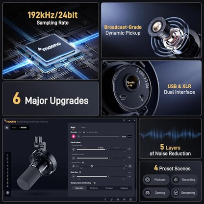 MAONO Dynamic Microphone-XLR USB Podcast Recording Mic: for Vocal Recording, Content Creation, Home Studio, Voiceover, with 192kHz/24bit, Noise Reduction, Mic Gain, Monitoring, Mute (PD300XT)