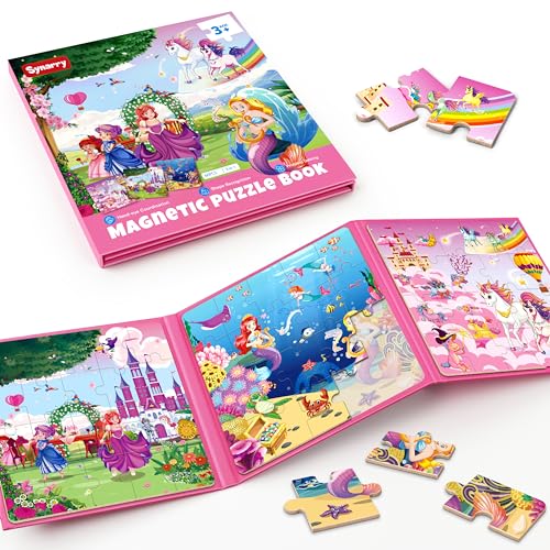 SYNARRY Unicorn Mermaid Princess Magnetic Puzzles for Kids 3-5, Travel Toys | 20-Piece Magnetic Travel Puzzle for Kids Ages 4-6, Car Airplane Road Trip Activities, Quiet Time Toys, Girls Birthday Gifts - style: Princess Mermaid Unicorn