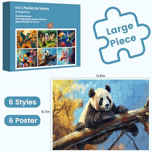 6 Pack 24 Large Piece Puzzle for Seniors Paper Dementia Puzzles for Elderly Adults Easy Puzzle Hummingbird Turtle Dog Panda Jigsaw Puzzle Activities for Elderly Seniors Gift | Hummingbird Turtle Dog Panda Jigsaw Puzzle for Adults Activities for Elderly Se