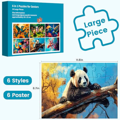 6 Pack 24 Large Piece Puzzle for Seniors Paper Dementia Puzzles for Elderly Adults Easy Puzzle Hummingbird Turtle Dog Panda Jigsaw Puzzle Activities for Elderly Seniors Gift | Hummingbird Turtle Dog Panda Jigsaw Puzzle for Adults Activities for Elderly Se